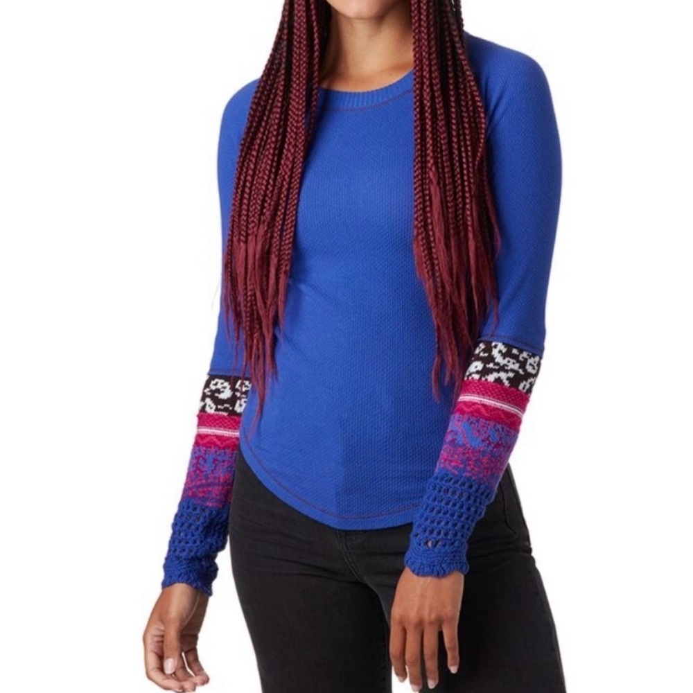 Free People Cobalt Blue Thermal Top with Pink & Black Patterned Sleeves